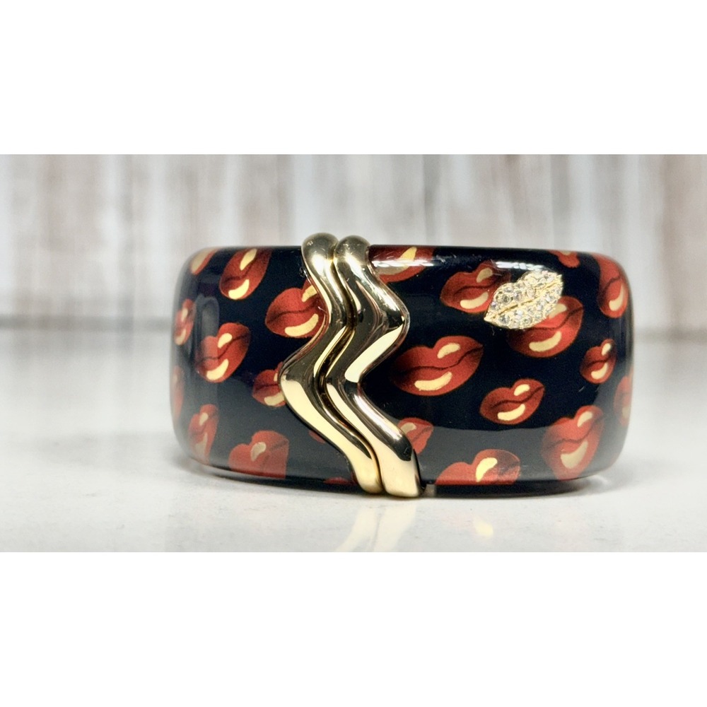 Alexis Bittar Rare Liquid Metal Lip Print Lucite Crystal Hinged Cuff Bracelet